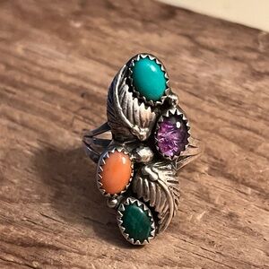 Artisan Silver Ring with Turquoise, Orange, and Purple Stones